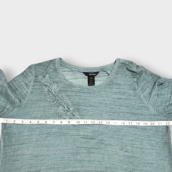 Ali Miles Floral Embroidered Lace Trim Tunic Top Green Spacedye Large Oversized - Picture 11 of 14